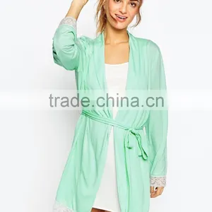 Soft Touch Jersey Fabric Open Front Lace Trim Bath Robe for Lady thumbnail-2