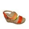 OEM 10.5cm Heels PU Leather Oringe Bright Color Blocking Ladies Wedge Heeled Sandals thumbnail-1