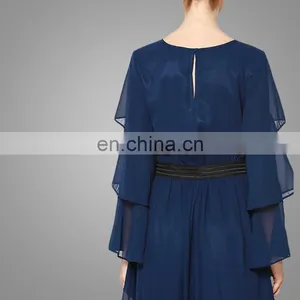 New Arrival Navy Blue Ruffled Sleeves Muslim Women Clothing Chiffon Maxi Dress thumbnail-3