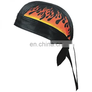 HMB-901L4 LEATHER SKULL CAP DURAG HEAD WRAP BANDANA SKULLCAP HATS SCARF FLAMES thumbnail-1