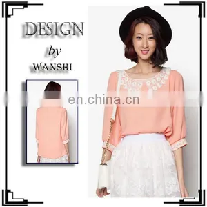 Custom Chiffon Blouse With Lace Flat Collar Half Sleeves Women Shirts and Tops thumbnail-1