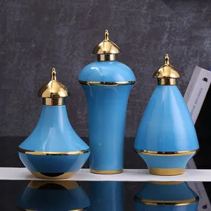 New Chinese Style Creative Jingdezhen Blue Gilded Ceramic Decoration Vase For Hallway thumbnail-2
