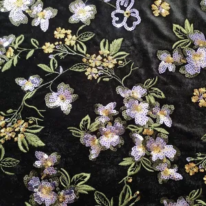 XF6069 Chinese Style Green Plants Embroidered Velvet Fabric Sequined thumbnail-2