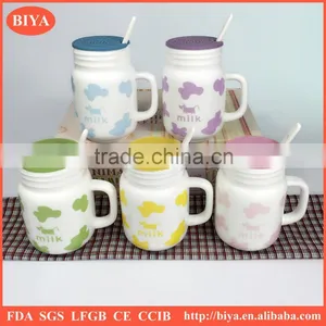 Milk Mug for Kid Breakfast Mug With Silicone Lid and Ceramic Spoon for Wholesale With Logo Decal Print and Handle thumbnail-2