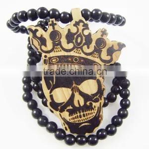 Good Quality Hip-hop Skull King Wood Pendant Bead Chain Necklace thumbnail-1