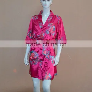 Pink Printing Short Sleeve Stretch Satin Silk Bathrobe thumbnail-2