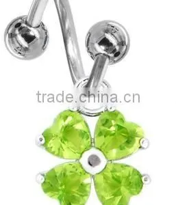 Green Peridot Gem Heart Shamrock Navel Ring,belly Ring, Body Piercing Jewelry thumbnail-1