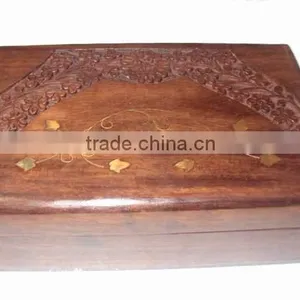 Wood Rectangularbrassinlay Wood Gift Storage Box, Wooden Carved & Brassinlay Box, Decorative Box, Wooden Storage Box thumbnail-2
