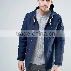 2017 Best Price Durable Press-Stud Fastening Drawstring Hood 100% Cotton Twill Navy Casual Men Winter Jacket thumbnail-1