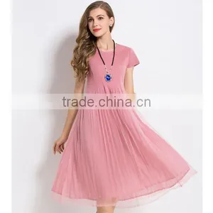 Plain Solid Color Woman Knee Length Folding Dress With Mesh thumbnail-1
