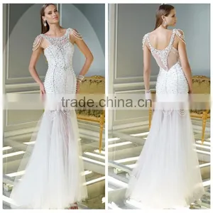 2015 White Sexy Tulle Beaded Scoop Neck Evening Dress Crystal thumbnail-1