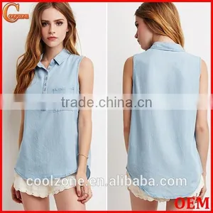 Fashion Sleeveless Lightweight Fabric Denim Shirt,collared Shirt With Patch Pocket thumbnail-1