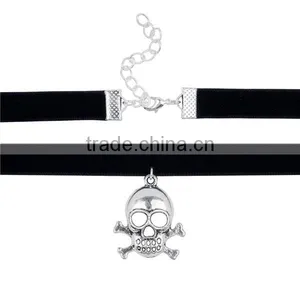 Custom Antique Silver Black Skull Velveteen Halloween Choker Necklace thumbnail-2