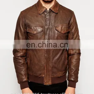 New 2014 Men Leather Jacket / Genuine Leather Jacket / Sheepskin Leather Bomber Jacket Dark Brown thumbnail-3