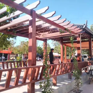 Wood Grain Aluminum Pergola & Pavilion, Outdoor Walkway Arbor With Bench for Public Parks, Community Gardens & Commercial Spaces thumbnail-1