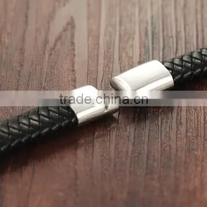 Braided Black Genuine Leather Bracelet Wholesale Mens Stainless Steel Clasp thumbnail-4