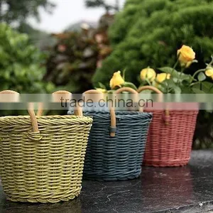 Multicolor Rattan Flower Basket With Wood and Rattan Handle thumbnail-1