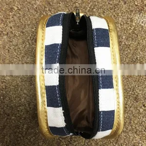 Blue Stripe Printing Cotton Canvas Zipper Pouch Make Up Clutch Bag With Gold Edge thumbnail-5