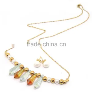 Stainless Steel Gold Bead Multi Colored Crystal Statement Necklace thumbnail-1