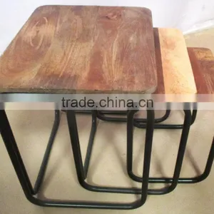 Vintage Wooden Iron Furniture Set of 3 Wooden Top Stool thumbnail-1