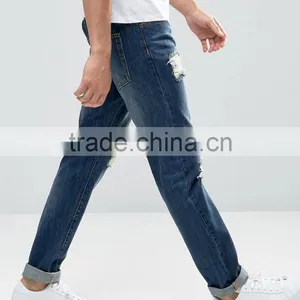 Washed Ripped Regular Rise Straight Slim 100% Cotton Men Jean Trousers thumbnail-2