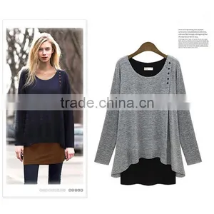 New Design Irregular Two Color Fake Two Pcs Long Sleeve Women Wear Loose T Shirt Water Fall thumbnail-6