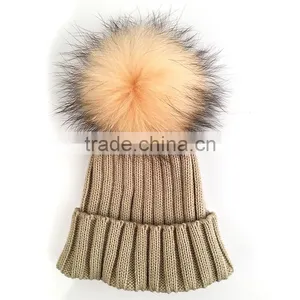 Myfur Wool Blend Knitted Beanie Hat With Matched Color Real Raccoon Fur Ball thumbnail-2