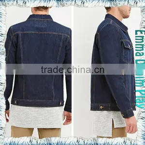 2016 Spring Navy Blue Heavy Rinse Wash Slim Fit Cropped Denim Jeans Jacket for Men thumbnail-3