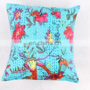 Hand Stitched Handmade Indian Green Bird Floral Design Cushion Cover Decorative Pillow Cover Handmade Kantha Cushion Cover thumbnail-1