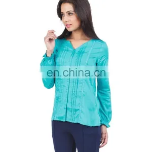 Green Top With Pin Tuck Detailing for Ledies Printed Three Quarter Sleeve Blouse in Chiffon With Lace Collar See Larger Image thumbnail-4