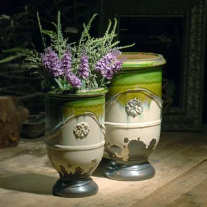 Retro European Countryside Hand Made Blue Green Ceramic Floor Vase For Balcony Garden Decor thumbnail-1
