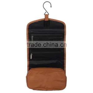 Black Top-grain Cowhide Leather Hanging Toiletry Bag Makeup Organizer Travel Wash Bag for Men thumbnail-2