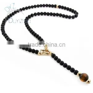 8mm Black Stone Beads Rosary Necklace With 16mm Tiger Eye Bead thumbnail-1