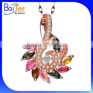 Custom 925 Sterling Silver Pink Green Multi Colors Tourmaline Pendant Necklace Pendant thumbnail-1