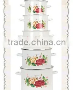 Elegant Red&Yellow Flower Decal Enamel Cooking Pot Set Deep Stew Pan For Induction Cooking Cast Iron Stew Pot thumbnail-1