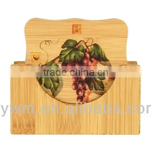Chinese Fruit Pattern Square Glass Ceramic Cup Bamboo Coasters Mat Pads 6 Pcs thumbnail-1