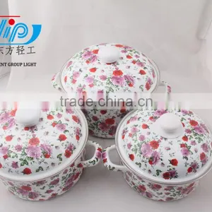 The Best Quality 3 Pcs Enamel Casserole With Metal Cover Beautiful Decal thumbnail-4