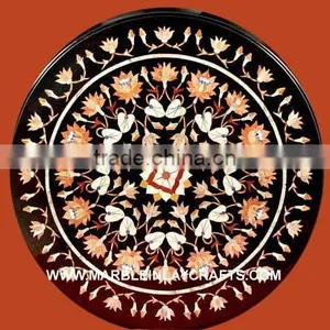 Round Natural Black Inlaid Marble Stone Coffee Table Top Pietra Dura Art Work thumbnail-1