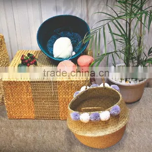 Decorative Seagrass Storage Baskets, Belly Seagrass Basket With Pompoms thumbnail-2