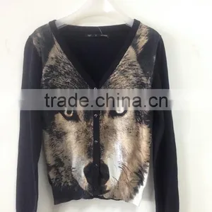 Women's V-neck no Hand Feeling Reactive Printing 100% Cotton Cardigan Sweater thumbnail-1