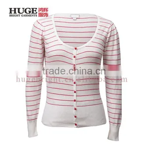 Women Two-tone Striped Cotton Cardigan With Long Sleeves, Button Closure Front thumbnail-1