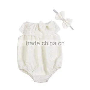 Summer Hot Sale Bouqitue Baby Clothing High Quality Rompers Baby Girl Plain Color Lace Rompers With Headband thumbnail-5