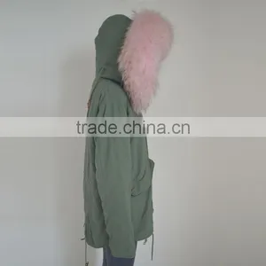 Myfur Army Green Cotton Parka With Pure White Fake Rabbit Fur Lining thumbnail-3