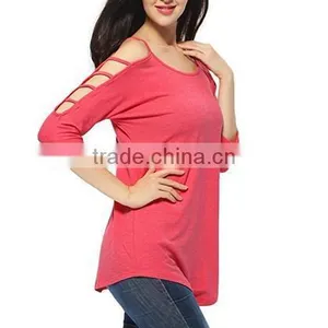 Women's 100% Cotton Comfort Colors TShirts in Bulk Hollowed Out Shoulder Three Quarter Sleeve thumbnail-5