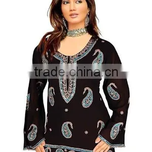 Heavy Embroidery Kurti Tunics Tops Black Paisley Design Beautiful Kurti Tunics Tops thumbnail-1