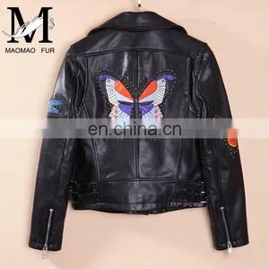 Hot Selling OEM Fashion Latest Womens Jackets Short Sheep Skin Moto Biker Leather Jacket thumbnail-6