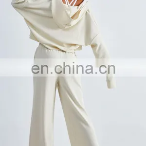 OEM & ODM Ladies Jogging Sweatsuit Waffle Wide Leg Pants Two Piece Sets Workout Training Women Sports Tracksuit Gym Fitness Set thumbnail-2