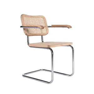 Mid-Century Modern Cesca Armchair, Marcel Breuer Replica Rattan Dining Chair With Polished Chrome Steel Frame for Commercial & Home Use thumbnail-1