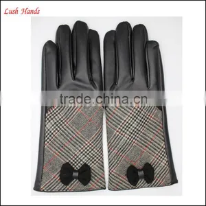Ladies High-quality Black Leather Gloves With Checked Cloth Handback thumbnail-2