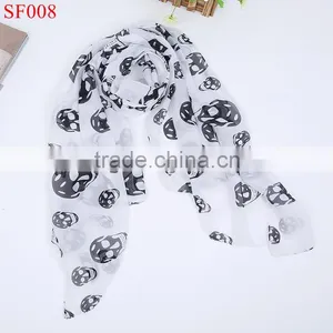 SF007 High Quality Beautiful Lady Temperament Chiffon Silk Neck Scarf White Scarf With Skull Crown thumbnail-2